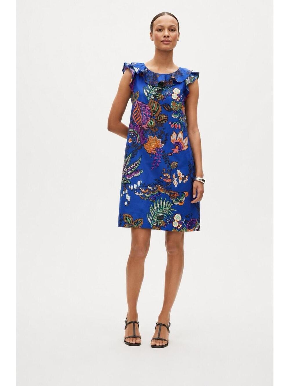 J.Crew Silk Ruffle Shift Dress Blue Floral Print Sleeveless Size 2 Lined